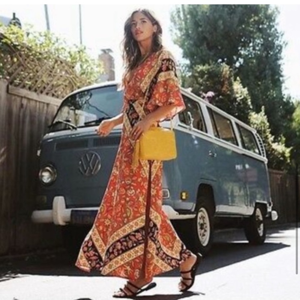 Red Bohemian Kimono Open Back floral Maxi Dress - Picture 4 of 6